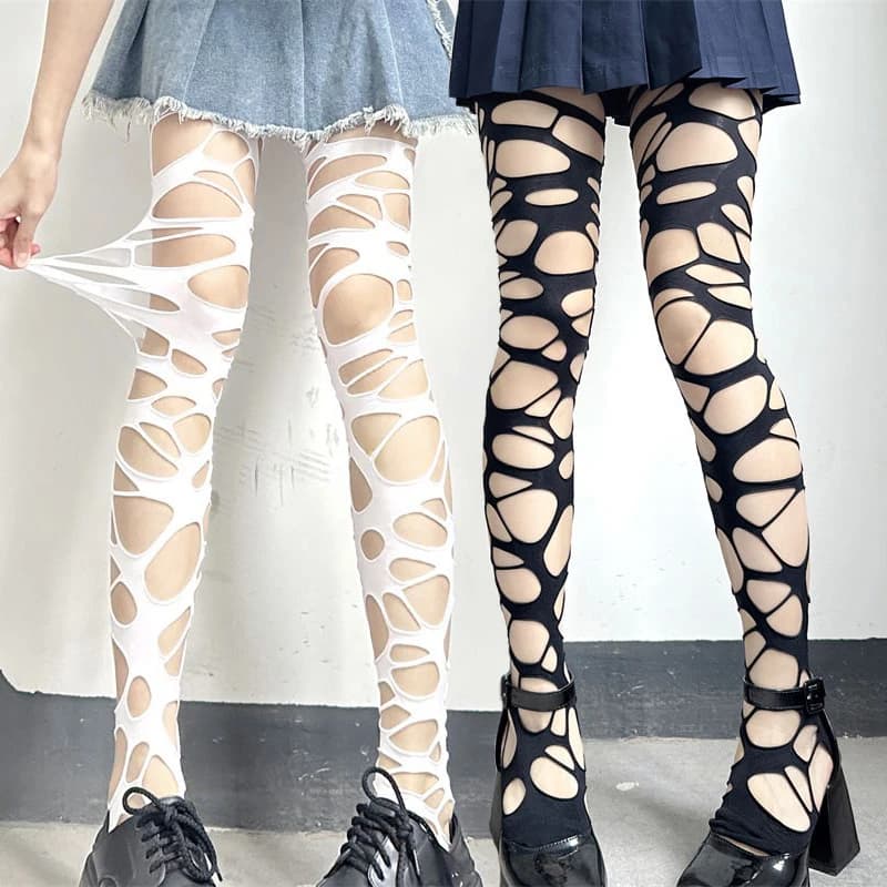 Y2K Hollow Out Stockings Women Punk Sexy Tights Leggings JK Lolita Over The Knee Hosiery Female Broken Hole Fishnets Long Socks