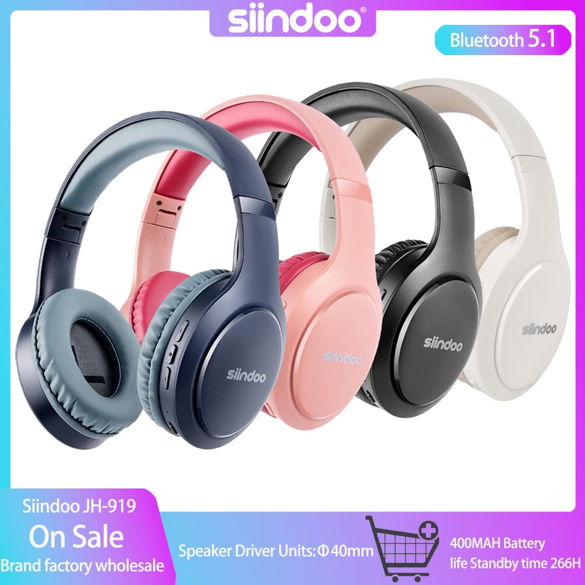 Siindoo JH-919 Foldable Wireless Headphones, Bluetooth Stereo Earphones Super Bass With Mic 4colors For Iphone Laptop PC