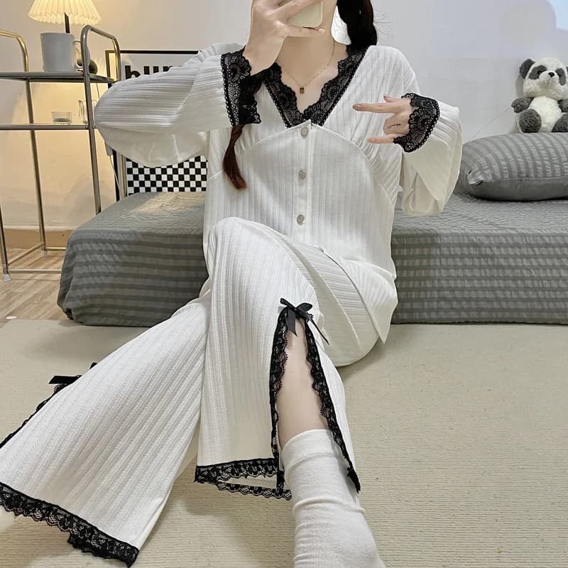Cute Woman Winter Autumn Sleepwear Lady Long Sleeve Tops Pants 2 Piece Pajamas Solid  Sets for Women Nightwear
