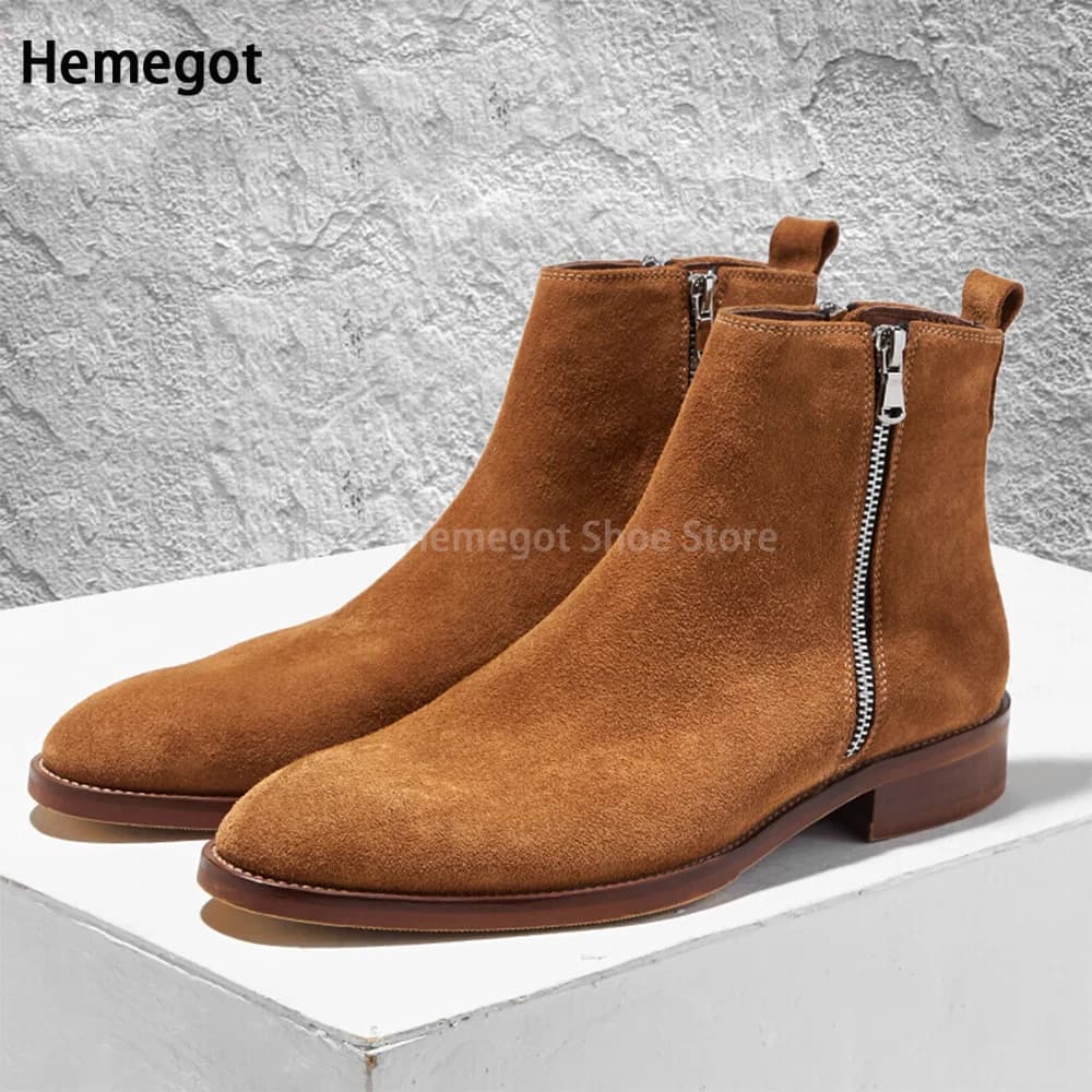 Brown Suede Boots for Men Side Zippers British Style Chelsea Boots Ankle Booties Boots for Men Boots High-Top Leather Shoes