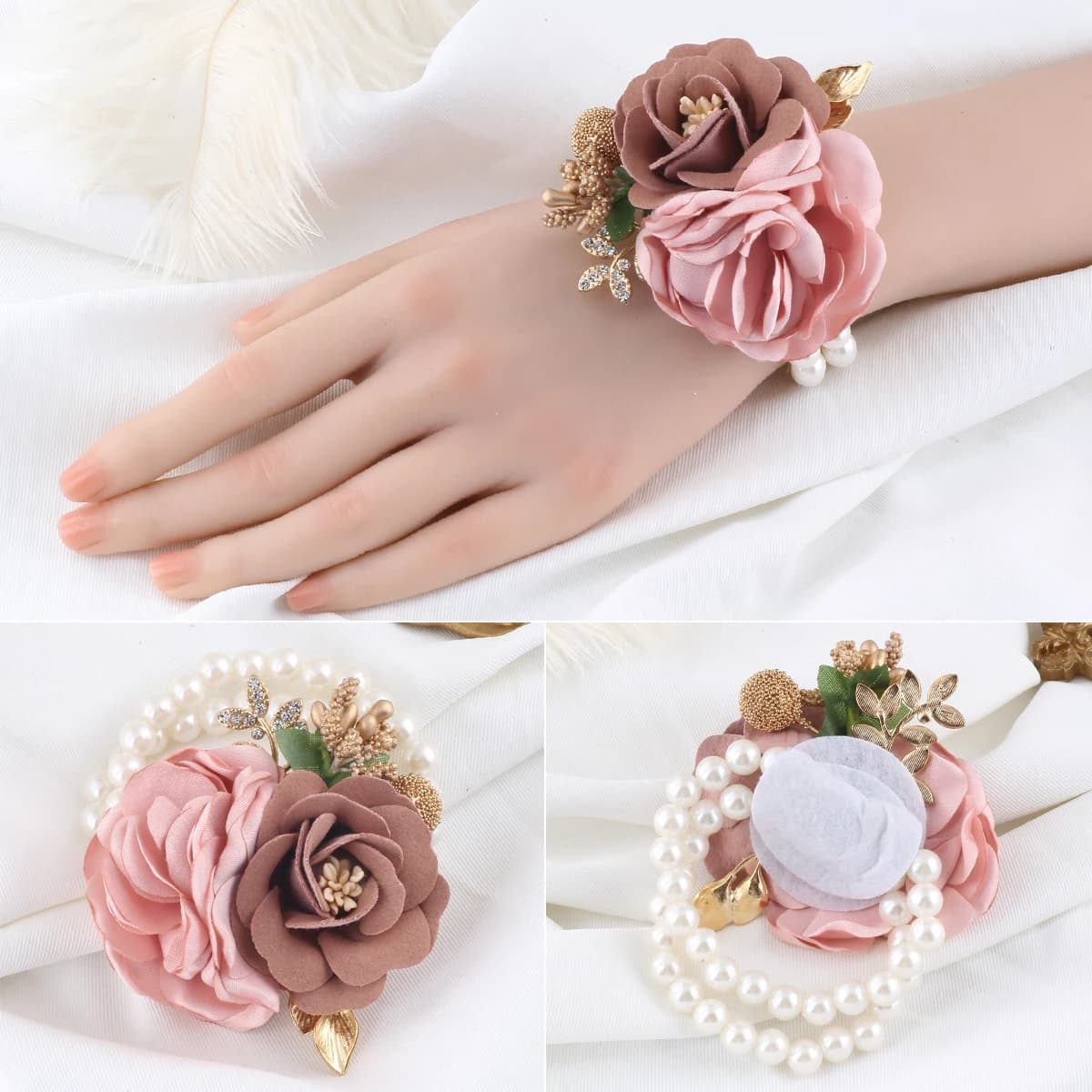 Wedding Bridesmaid powder Romantic Pearl Gold leaf wrist flower girl party simulation flower bracelet dress accessories SW716B