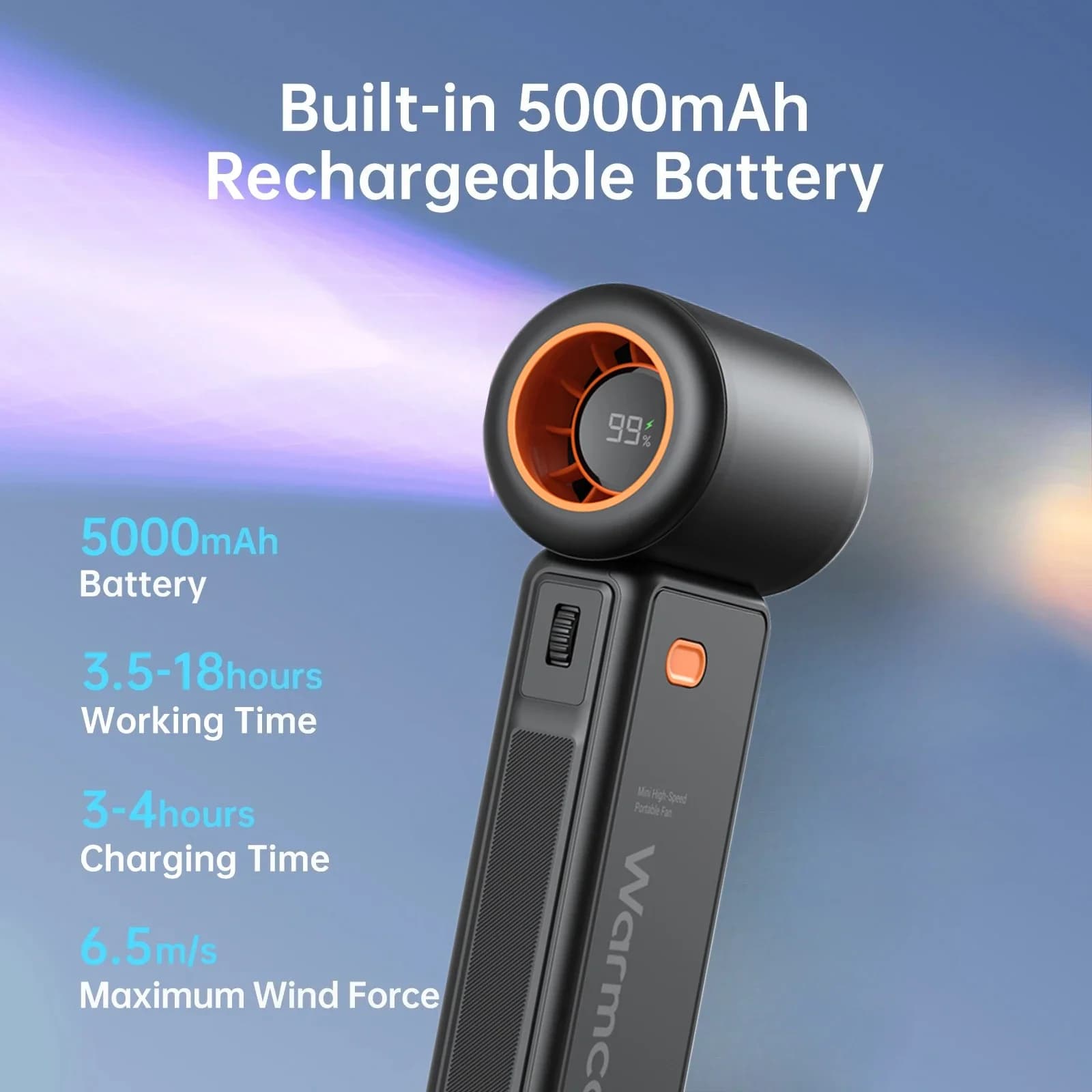5000mAh Handheld USB Turbo Fan Super Strong Wind Infinite Gear Adjustment Long Battery Life Rechargeable Multipurpose Pocket Fan