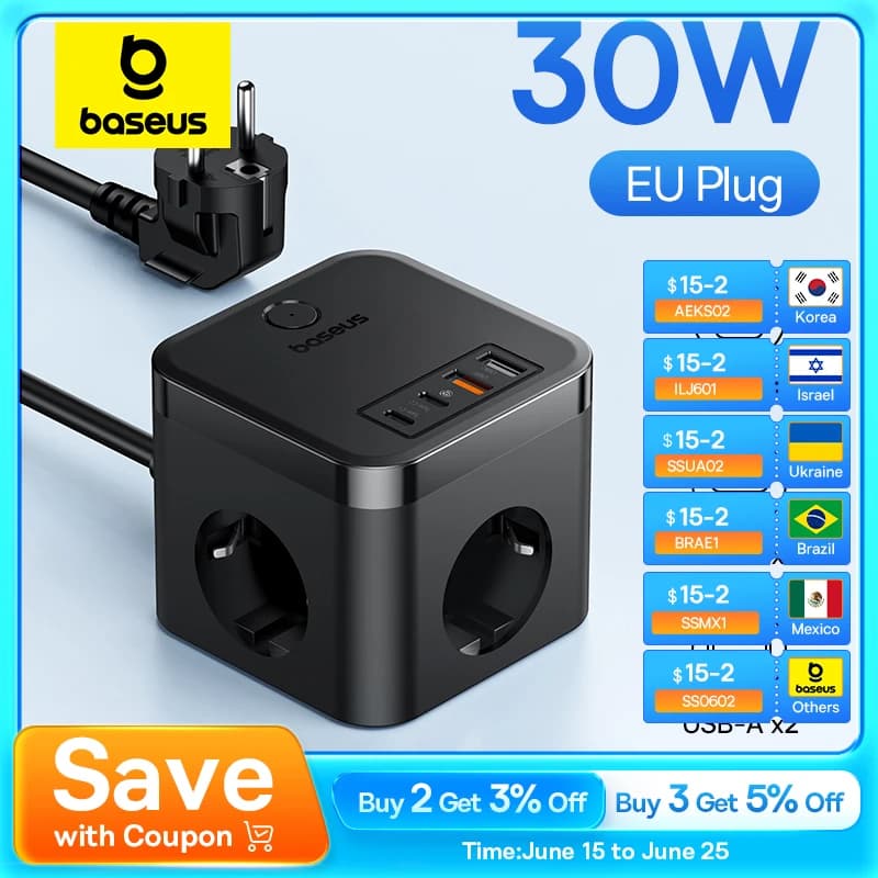 Baseus 30W Charger Fast Power Strip 4000W 3AC Outlet Desktop Charging Station Surge Protection For Tablet iPhone Samsung Xiaomi