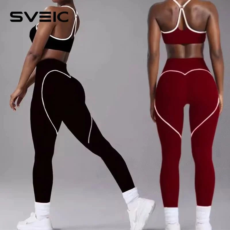 SVEIC Gym Set Contrasting Color Sports Bra Suits Fitness High Waisted Leggings Sportswear Workout Running Training Yoga Clothing