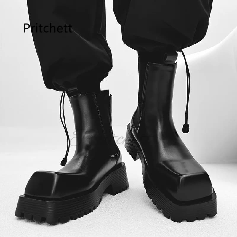 Square Toe Chelsea Boots for Men and Women Couple High Top Shoes Knight Boots Med Heel Chunky Platform Motorcycle Ankle Boots