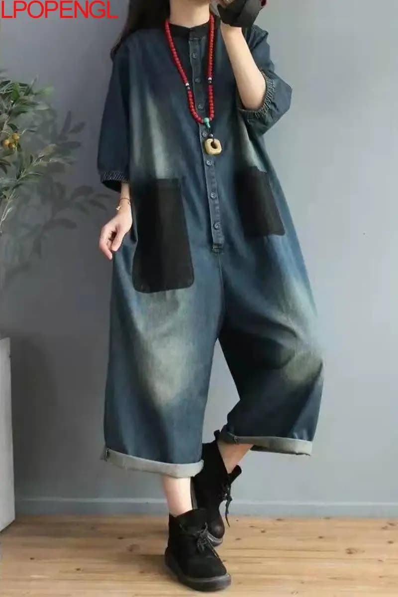 Oversize Women Jumpsuits Overalls Denim Jeans Ankle-length Pants  2022 Spring Vintage Female  Loose Casual Spliced Pockets