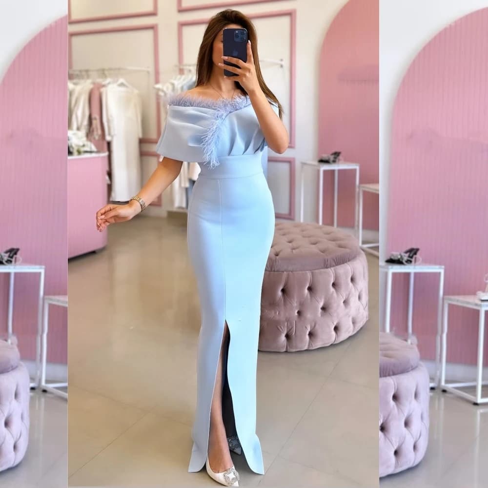 Customized Jiayigong High Quality  Jersey Feather Pleat Valentine's Day Sheath Off-the-shoulder Bespoke Occasion Gown Long Dress