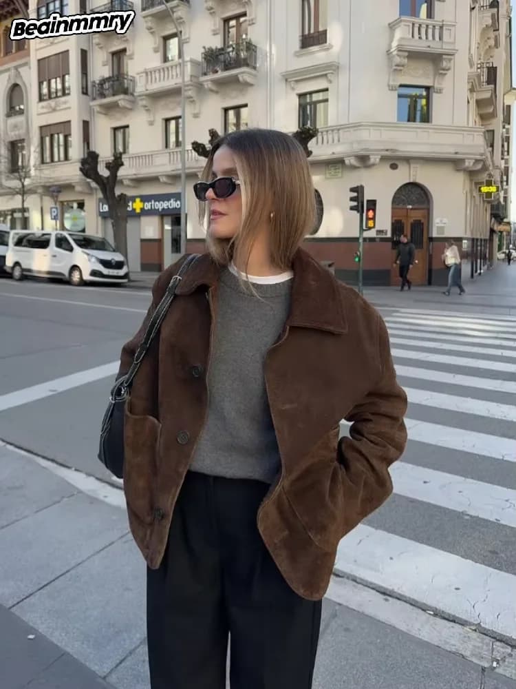Vintage Brown Lapel Women's Jacket With Pocket Casual Loose Single Breasted Long Sleeve Coat Chic Lady High Street Commute Coats