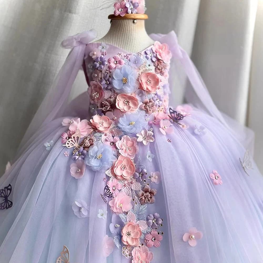 Girl's Princess  Lolita gauze Dress Embroidered Flower Pearl Strap Fluffy Dress Carnival Birthday Party Performance Clothing