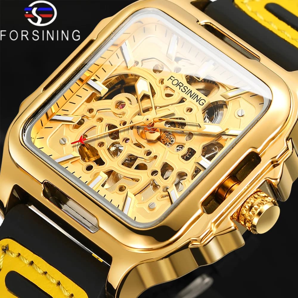Forsining Cool Sport Men's Skeleton Automatic Mechanical Watch Hollow Breathable Silicone Strap Wristwatches Ideal Gifts For Man