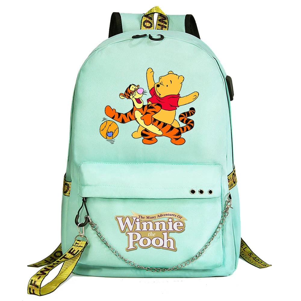 Fashion Disney Winnie the Pooh Boys Girls School Bag Teenager USB Charging Chain Travel Backpack Student College Bookbag Mochila