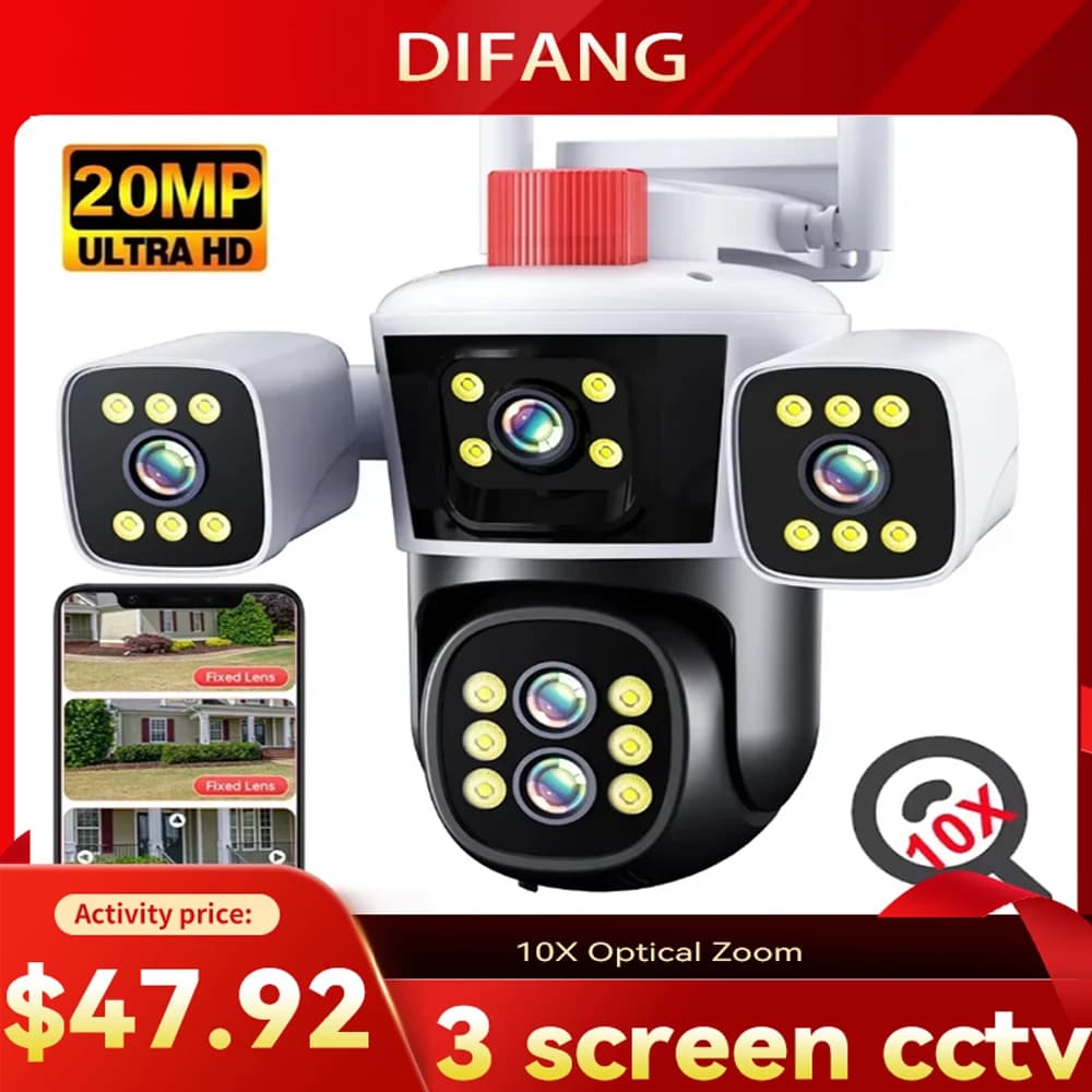 DIFANG 10K 20MP WiFi Security Camera Outdoor Three Screen 360° PTZ View Surveillance CCTV Camera IPC360 Home