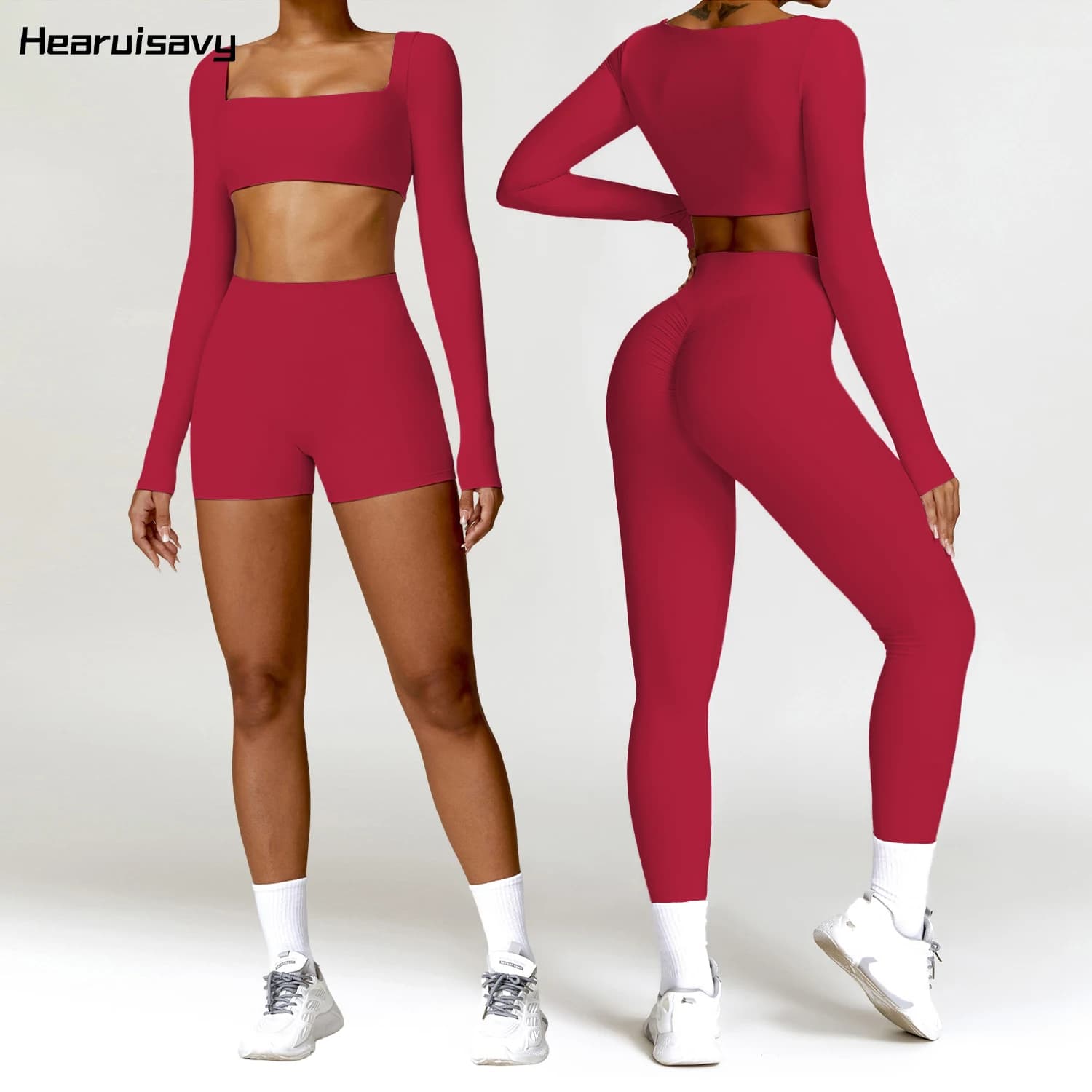 Hearuisavy 2PCS Long Sleeve Gym Set Women Yoga Clothes Quick-Drying Sportswear Running Leggings Workout Sports Crop Top Women