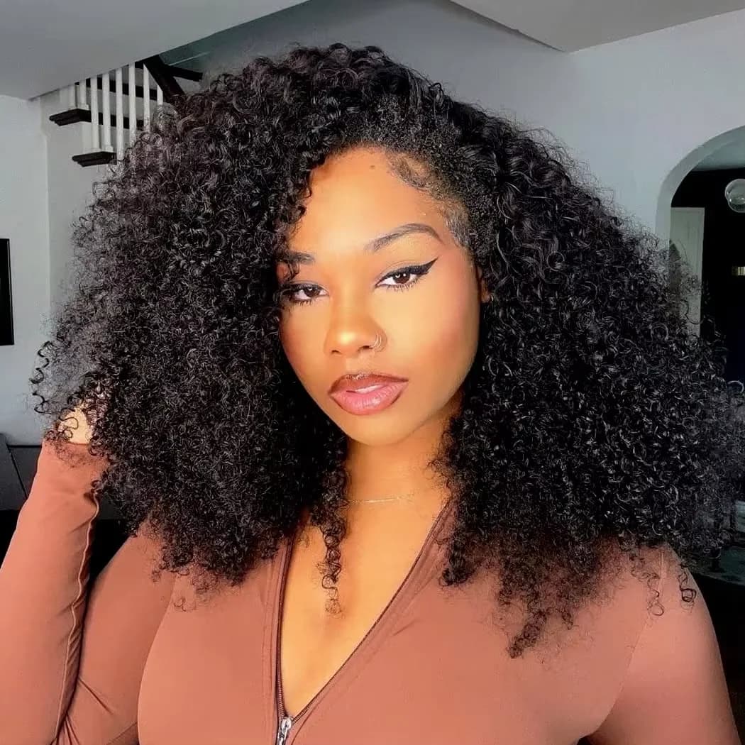 Geeta Half Wigs Human Hair Kinky Curly 3 In 1 Human Hair Wig Seamless Flip Over Half Wig Beginner Friendly Curly Wigs for Women