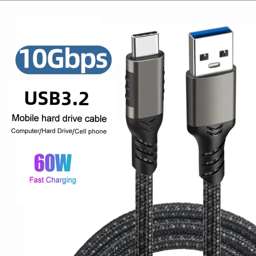 USB3.2 10Gbps Cable USB Type A to USB C 3.1/3.2 Gen2 Cable Data Transfer USB C SSD Hard Disk Cable 3A 60W QC 3.0 Fast Charging