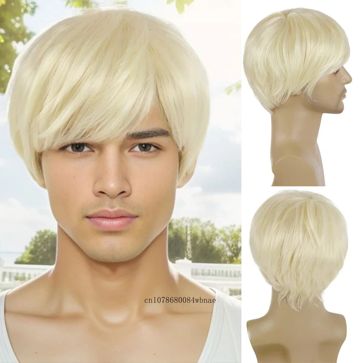 Natural Cosplay Bob Hairstyle Synthetic Wigs Short Platinum Blonde Straight Wig with Bangs for Men Daily Party Heat Resistant