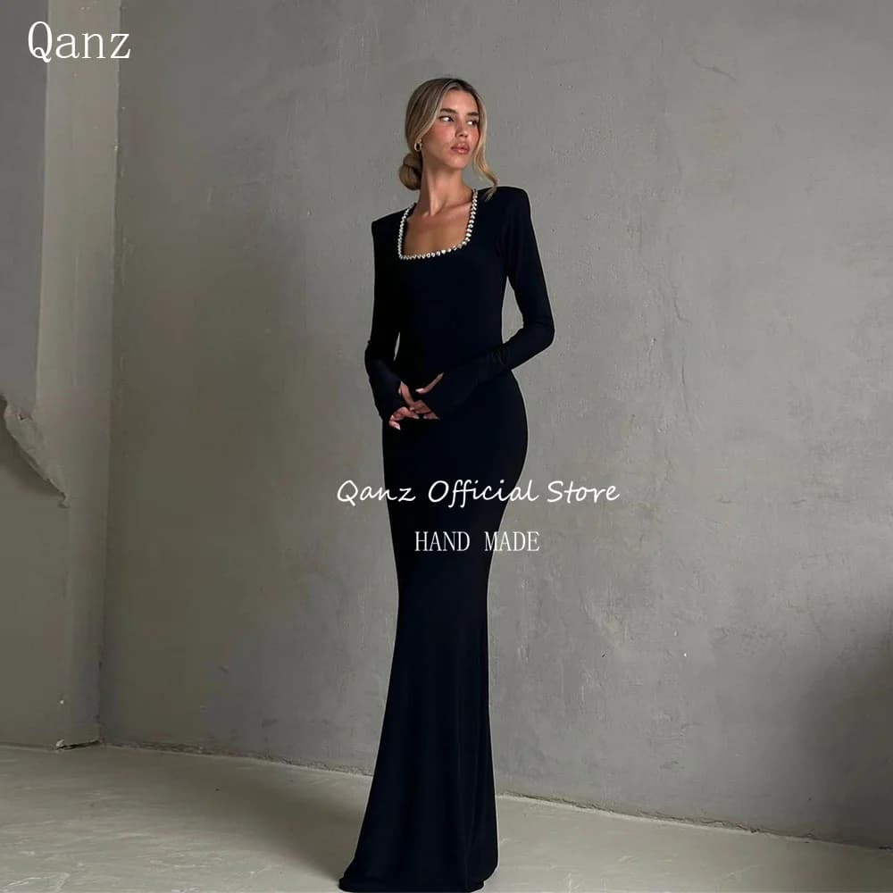 Qanz Modern Black Evening Dresses Crystal Long Sleeves Mermaid Slim-fitting Vestidos De Noche Formal Occasion Dress Customized