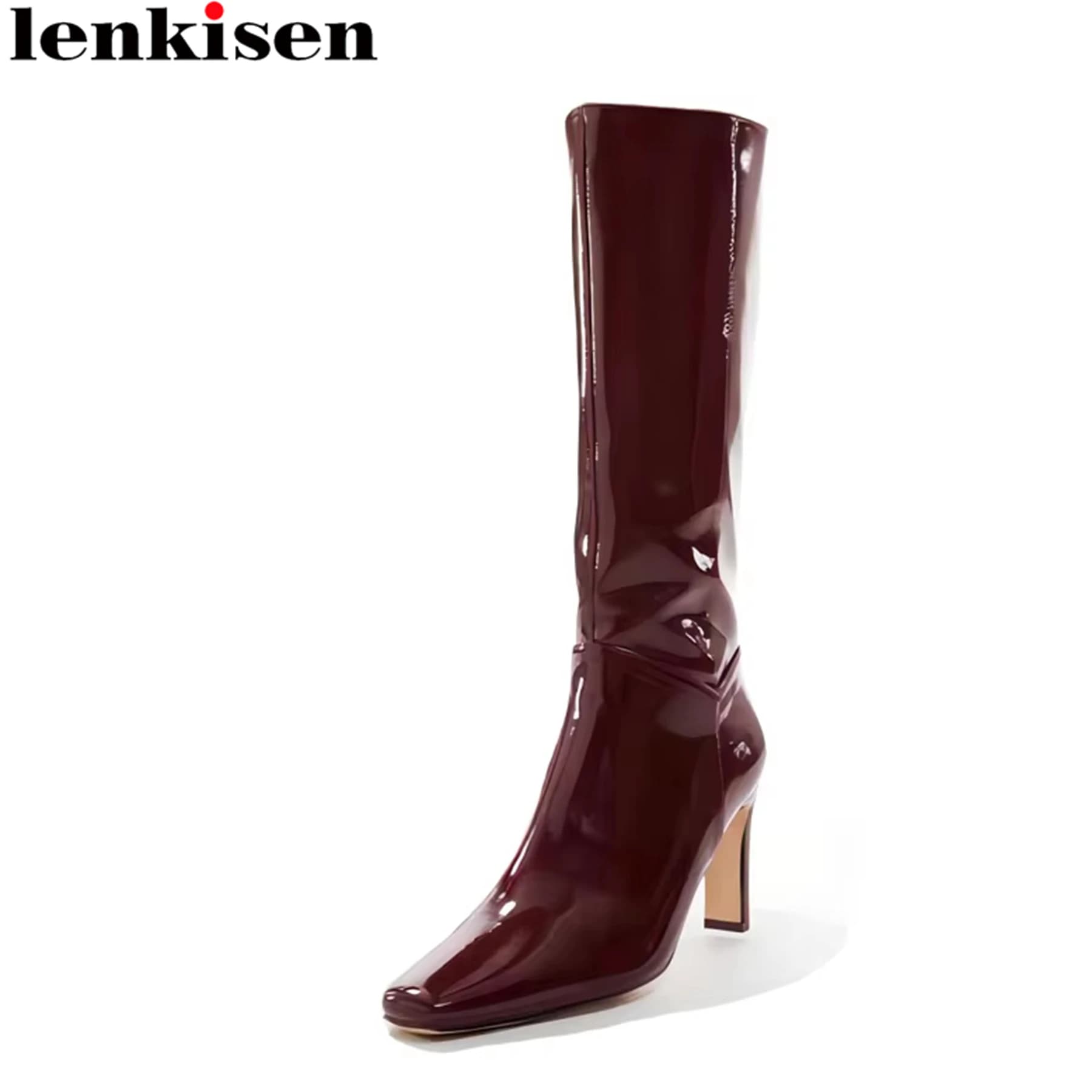 Lenkisen Plus Size 33-46 Patent Leather High Heels Modern Long Boots Catwalk Party Nightclub Warm Winter Women Mid-calf Boots