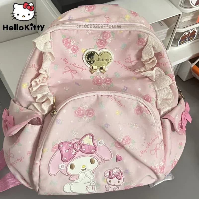 My Melody Sanrio Sweet and Cute Girl Heart Backpack Y2k Cartoon Schoolbags Fragmented Flower Zipper Backpack for Women