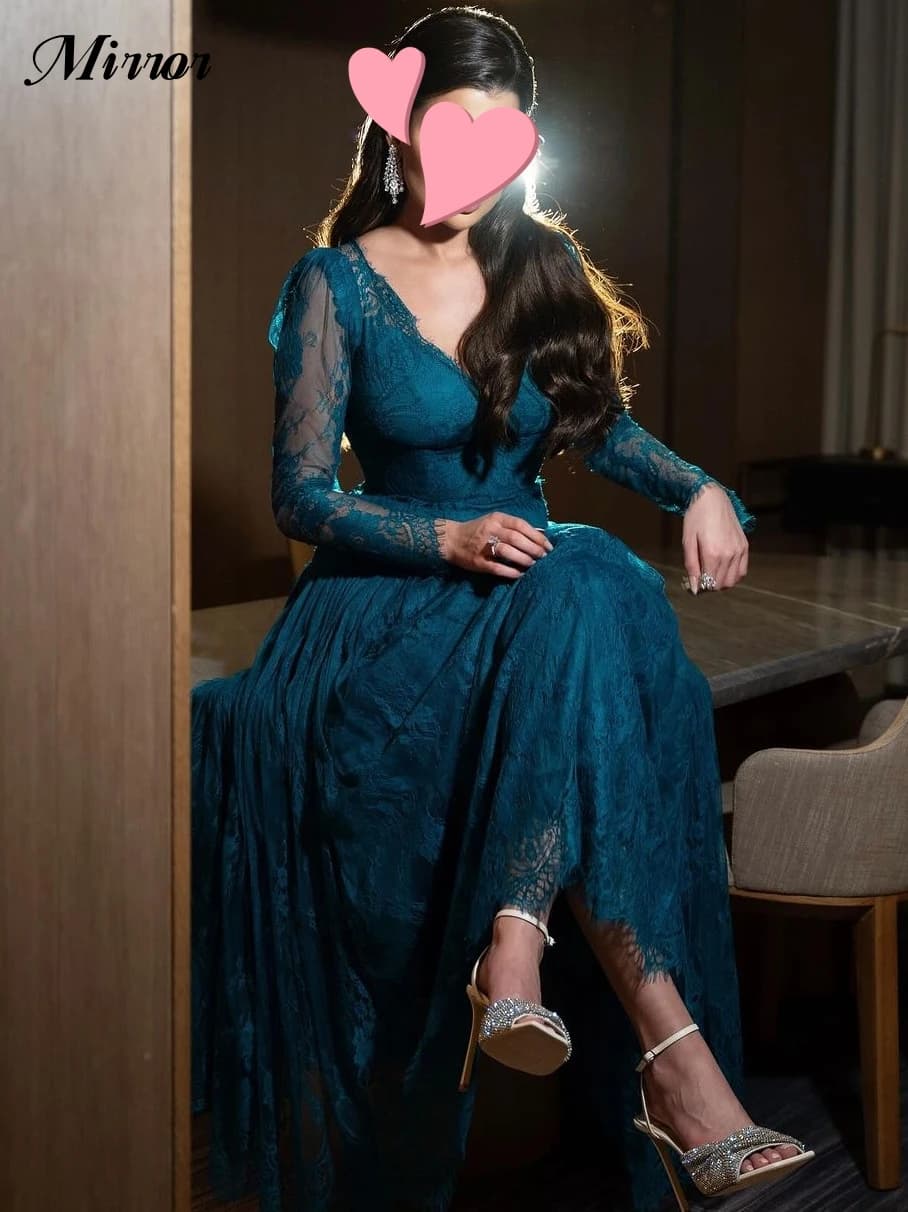 Mirror Dress Elegant Vintage Sexy Lace Peacock Blue V-Neck A-Line Customized Formal Occasion Prom Dress Evening Party Gowns