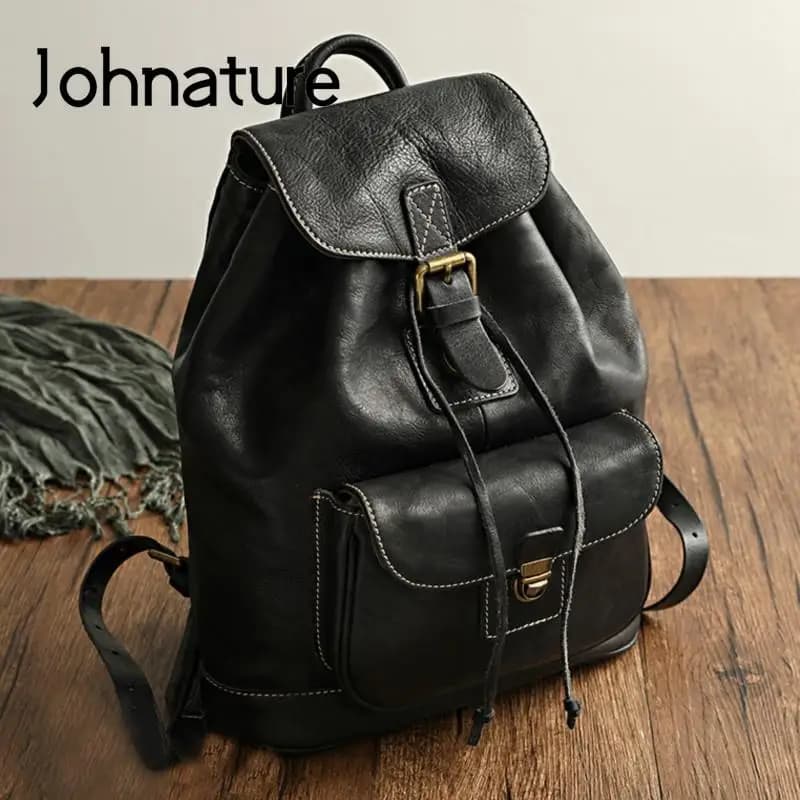 Johnature Leisure Travel Bag Natural Real Cow Leather Women Backpack 2025 New Vintage Large Capacity Cowhide Solid Color Backbag