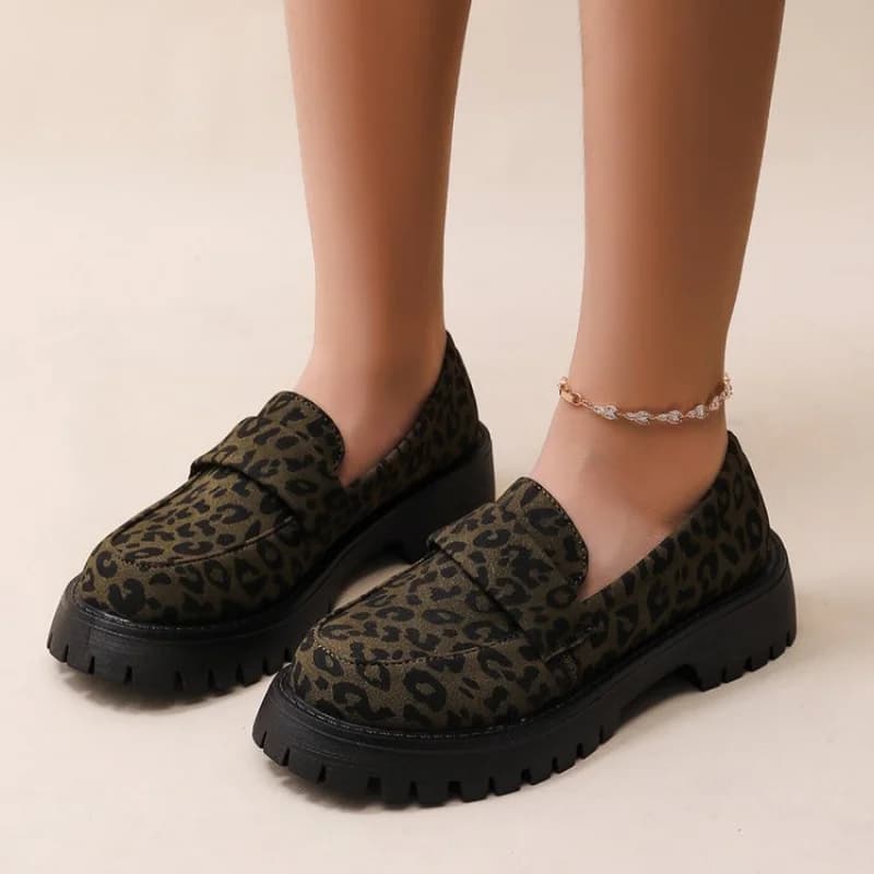 New Retro Women's Suede Leather Leopard Print Square Heel Casual Shoes Daily Slip-On College Style JK Girl'S Lolita Loafers