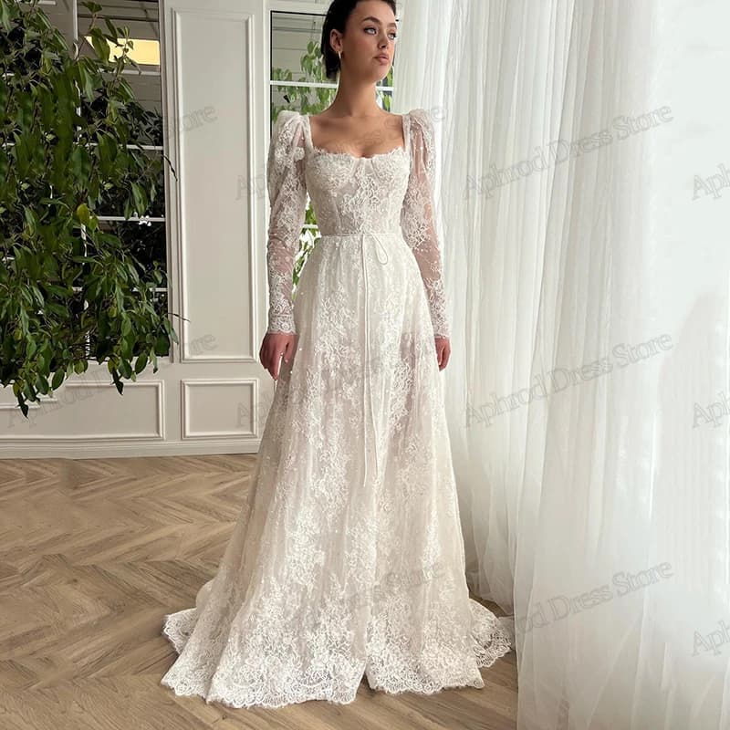 Exquisite Wedding Dresses A-Line Bridal Gowns Lace Appliques Full Sleeves Square Robes Glamorous Vestidos De Novia Customized