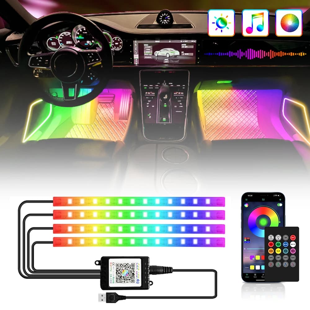 Neon LED Car Interior Ambient Foot Light with USB Wireless Remote Music APP Control Auto RGB 48 72 Atmosphere Decorative Lamp