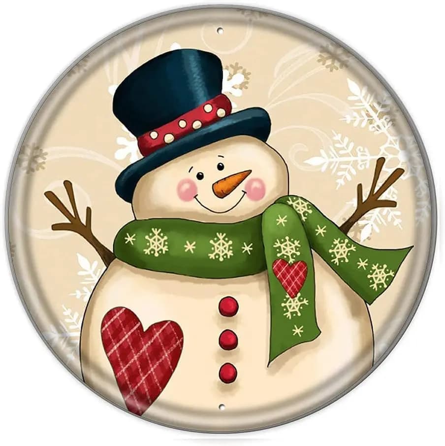 Merry Christmas Wreaths Sign Round Metal Tin Sign Christmas Wall Decorations Indoor Beige and Cream Snowman Wreath Sign for Chri