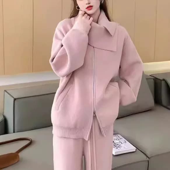 2024 New Temperament Pants Knitted Zipper Cardigan Women's Autumn and Winter High Waist Wide Leg Pants Three Piece Scarf Set