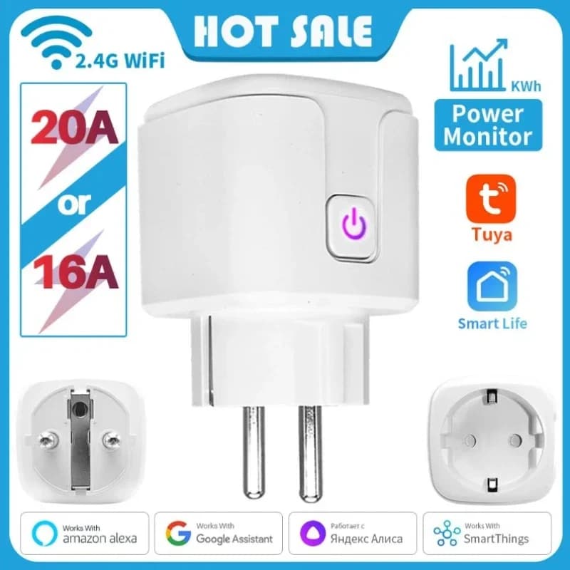 Tuya Smart Plug WiFi 16A/20A - EU Power Monitoring Socket, Smart Life Compatible, Voice Control with Alexa and Google Home, Timer Function
