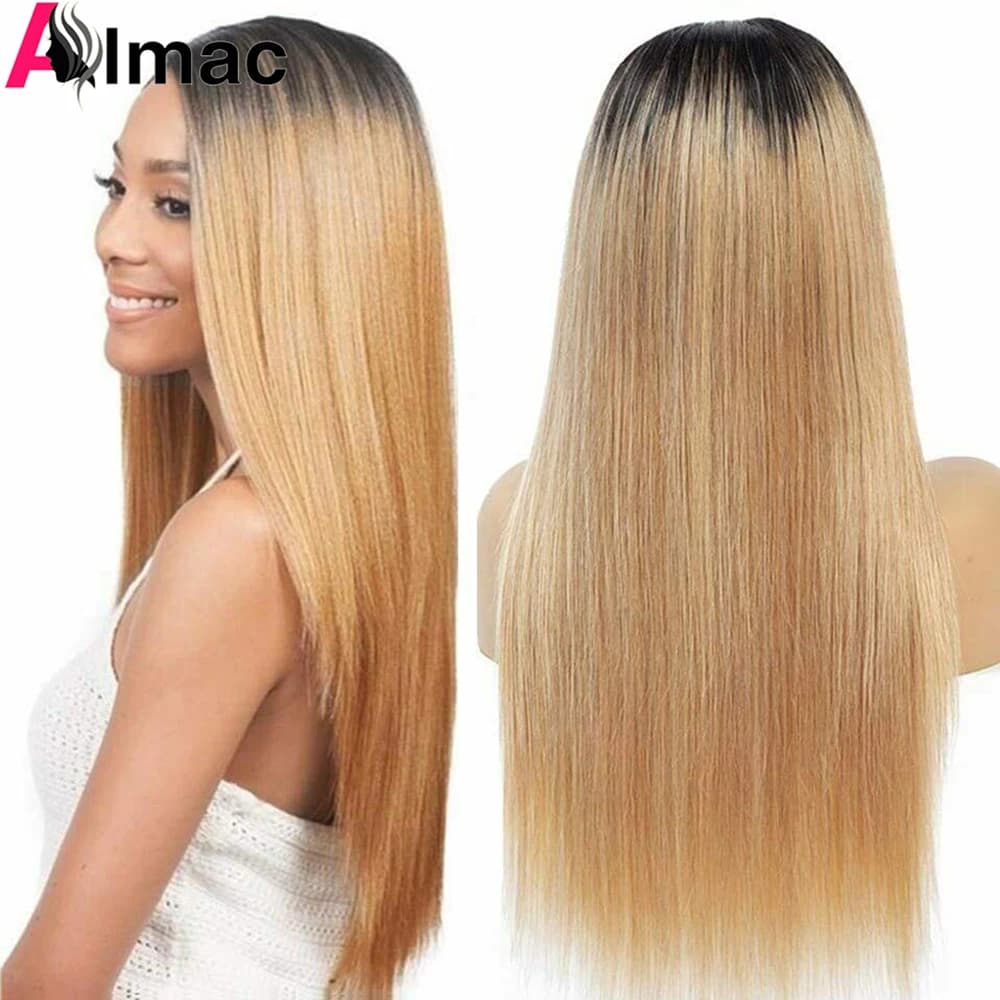 1B27/30 Straight 4x4 Lace Closure Wig Ombre Honey Blonde 4*1 T Middle Part Lace Wig Indian Remy Human Hair Pre-Plucked 150%