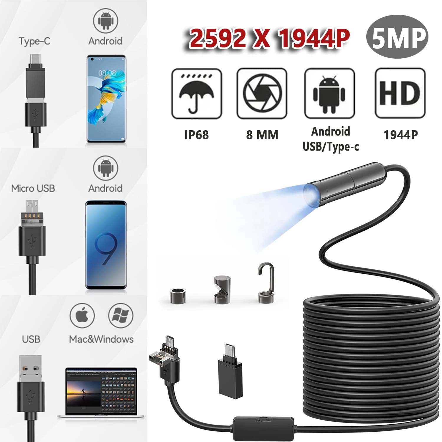 8MM 5MP 1944P Auto-Focus Inspection Camera Piping Endoscope Camera For Cars Android Smartphone High Quality Industrial Usb C 4k