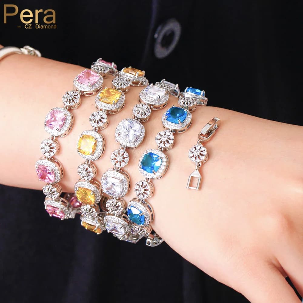 Pera Fashion Silver Color Jewelry with Pink Yellow Crystal Chain Link Bracelets Adjustable Length for Female Party Gift B149