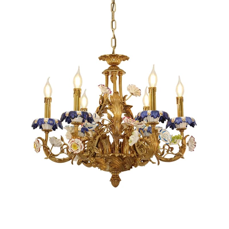 Medieval Ceramic Flower Decorative Pendant Light Luxury Villa Hotel Living Room Victorian Brass Copper Chandelier