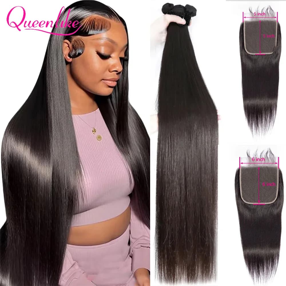 30 40inch Straight Human Hair Bundles with 5x5/6x6 Closure Brazilian Raw Bundles 100%Human Hair 13x4 Frontal Closure And Bundles