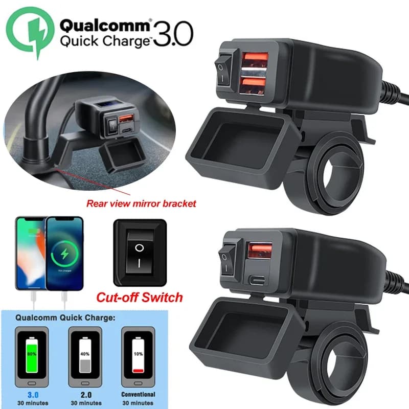 PD QC3.0 Motorcycle USB Fast Cellular Charger Waterproof Type C Port Socket Connector With Cell Mobile Voltmeter Digital Charge