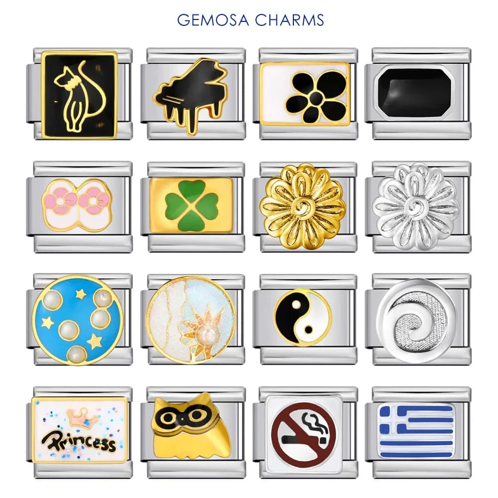 GEMOSA Colorful Fashion Cat Flower Piano Sun Star Charm Italian Link Fit 9mm Stainless Steel Bangles DIY Making Jewelry Bracelet