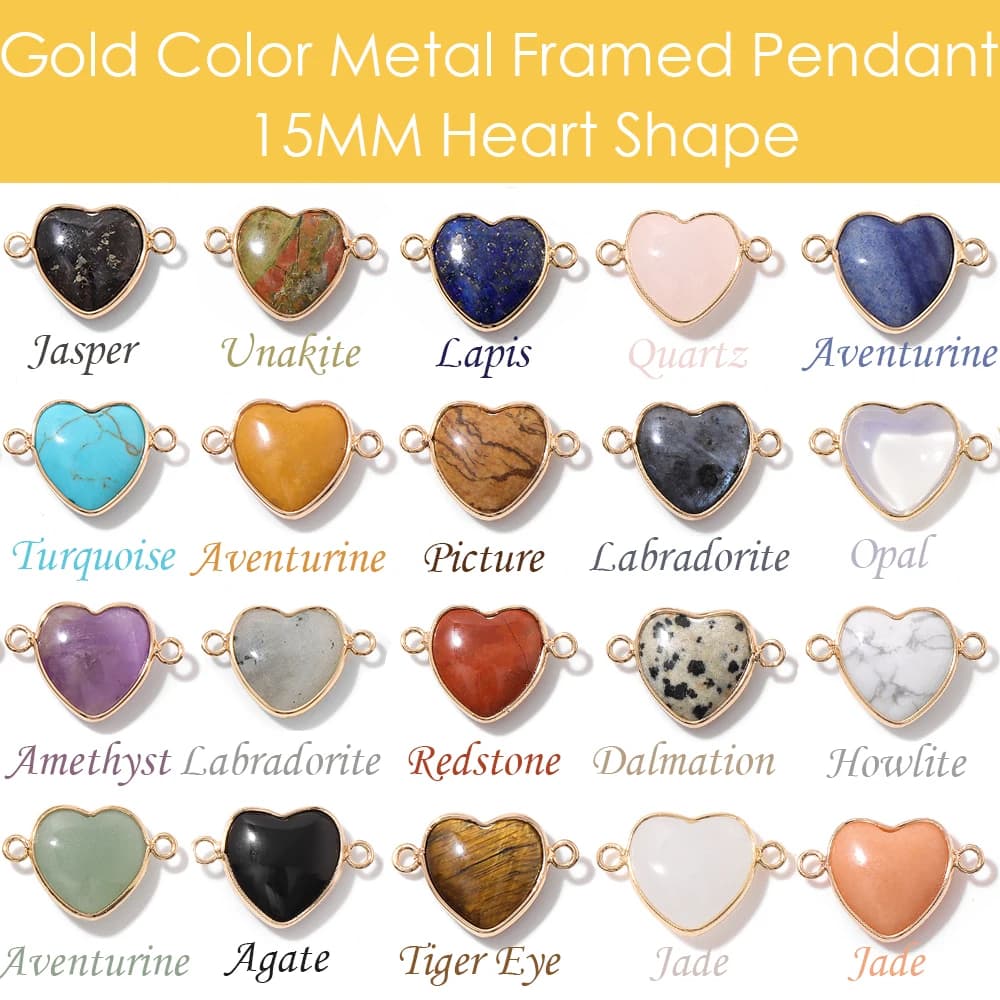 5pcs Gold Color Frame Pendant Heart Shape Natural Stone Connector Pendant Charm For Jewelry Making Finding 15MM