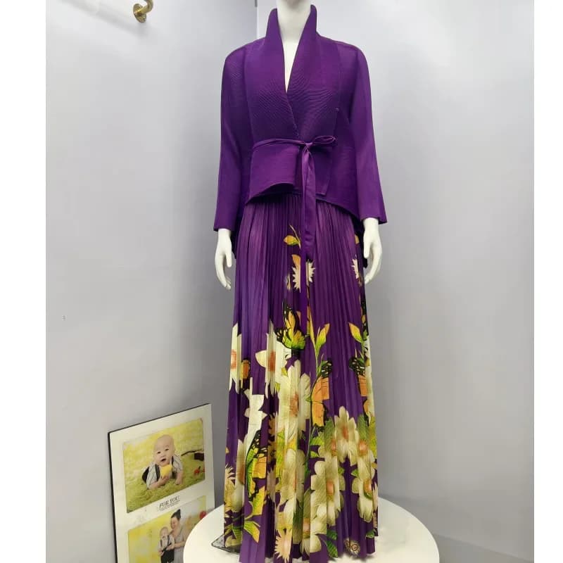 Miyake Pleated Women's Suit 2024 New Fashion Long Sleeve Lace Up Top + Printed Big Swing Skirt Two Piece Women's Suit