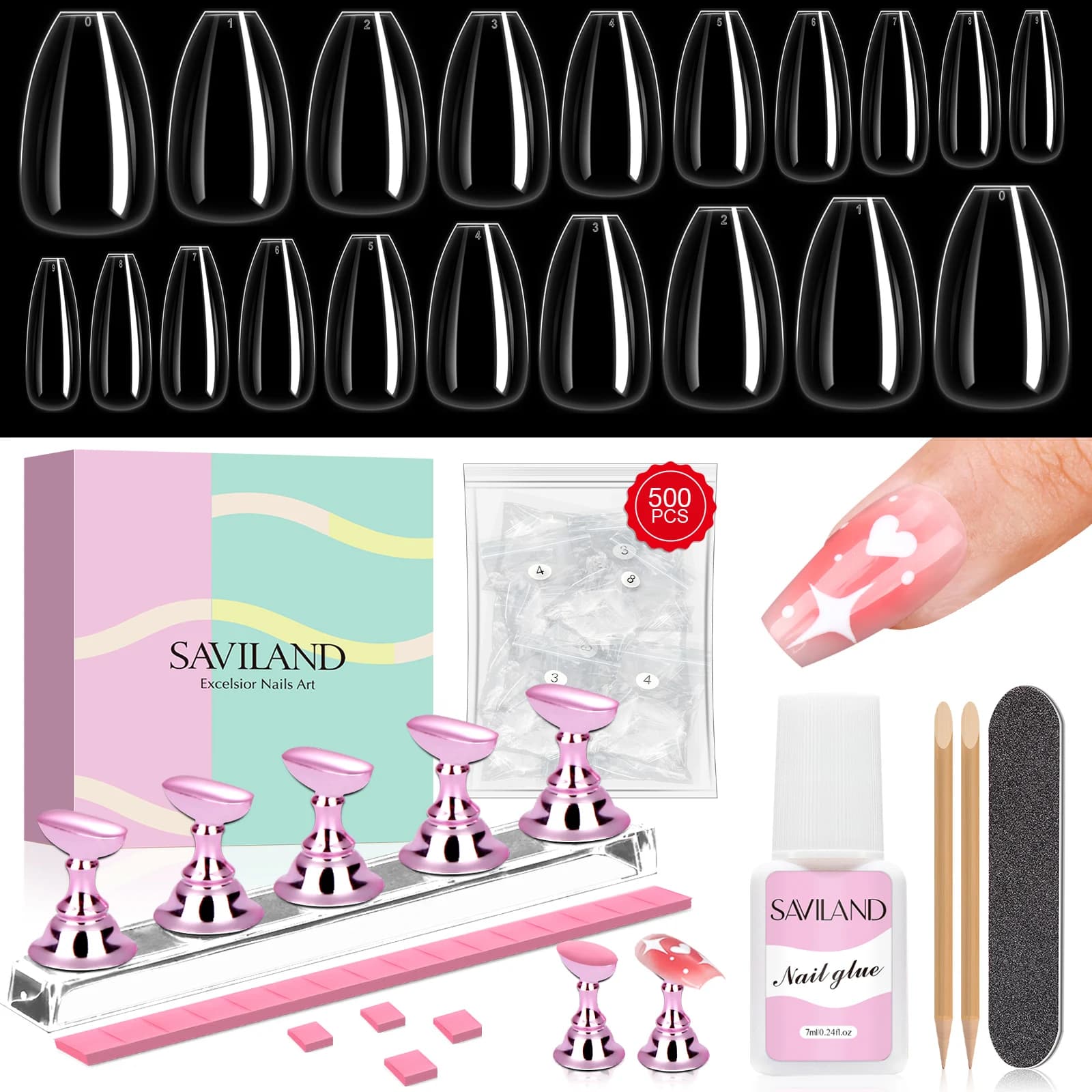 SAVILAND 500pcs Short False Nail Tips with Fast Dry Nail Glue False Nail Tips Gel Polish For Press On Nails Home Nail Art DIY