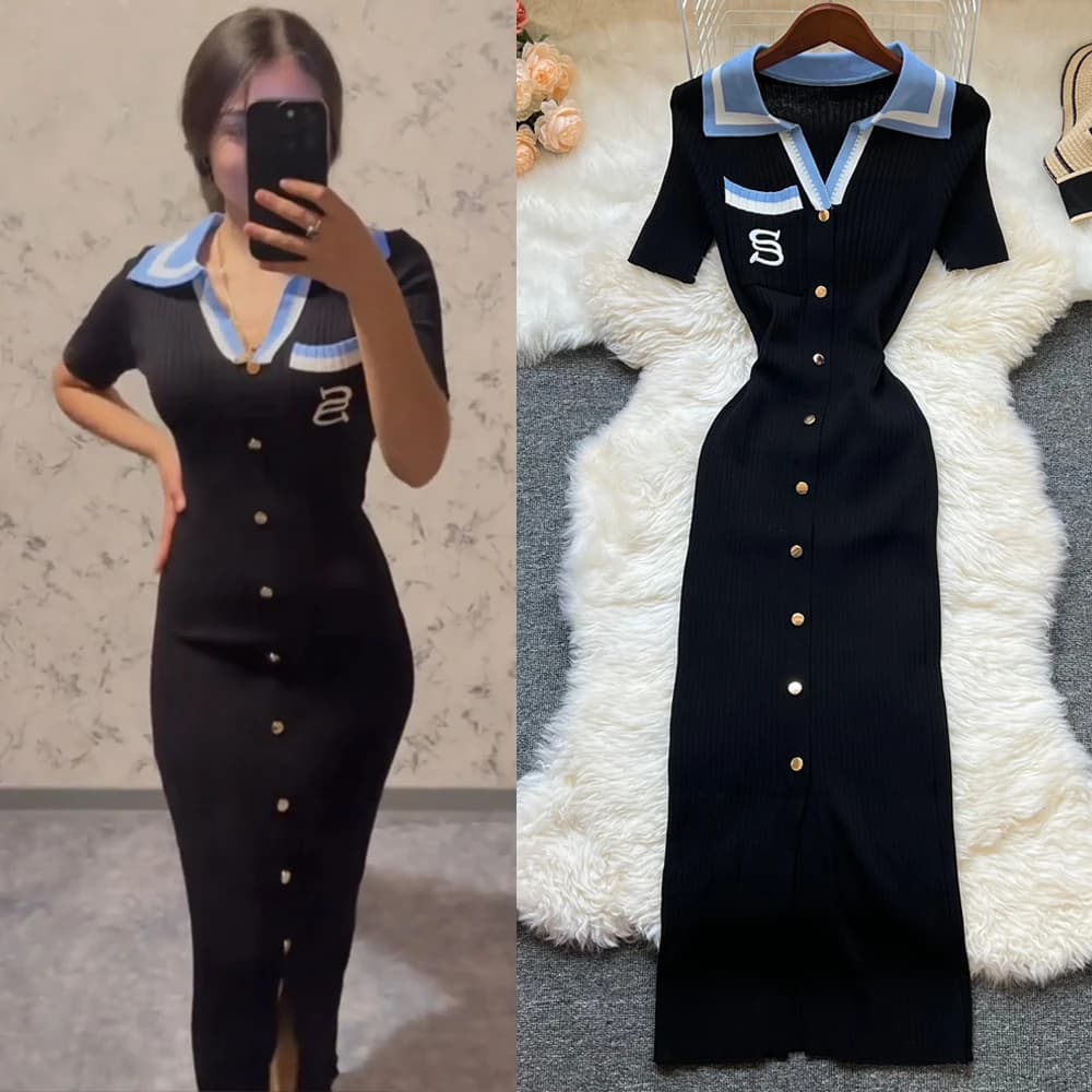 YuooMuoo Brand Fashion Summer Knitted Dress Women 2025 New Y2K Embroidery Long Bodycon Sweater Dress Streetwear Lady Vestidos