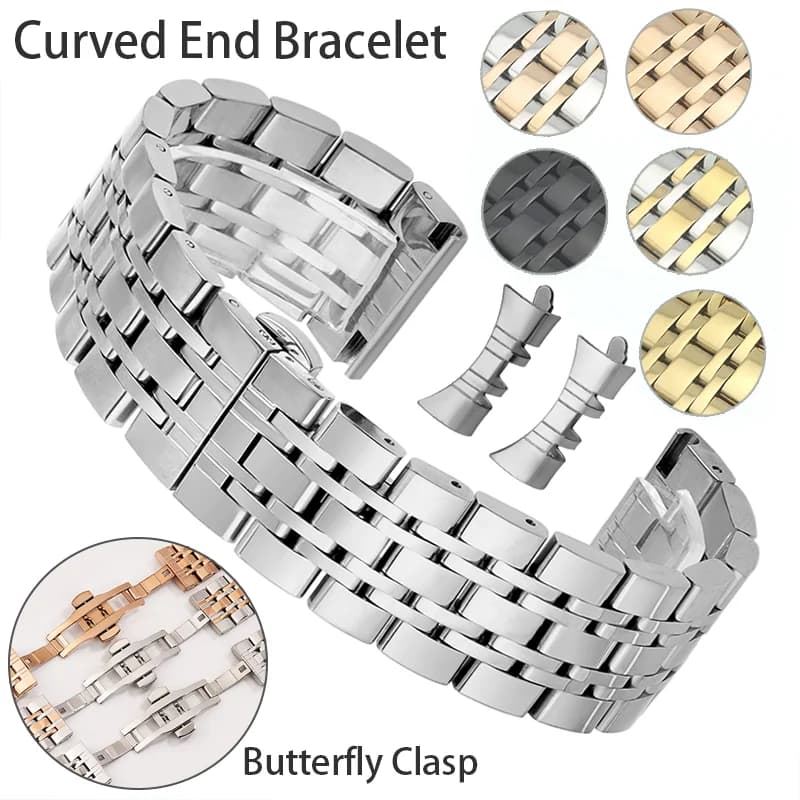 Curved End Bracelet Universal Replacement Watch Strap Solid Stainless Steel Smartwatch Band Butterfly Clasp Wristbelt Metal Band