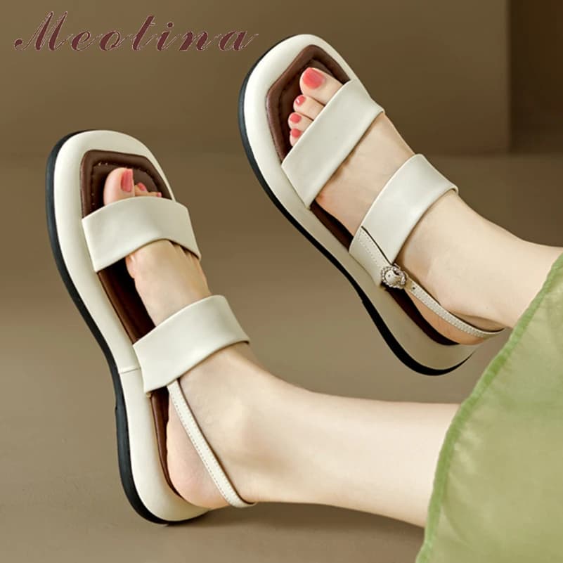 Meotina Women Genuine Leather Sandals Round Toe Flats Sheepskin Buckle Platform Ladies Fashion Shoes Summer Apricot Beige 41