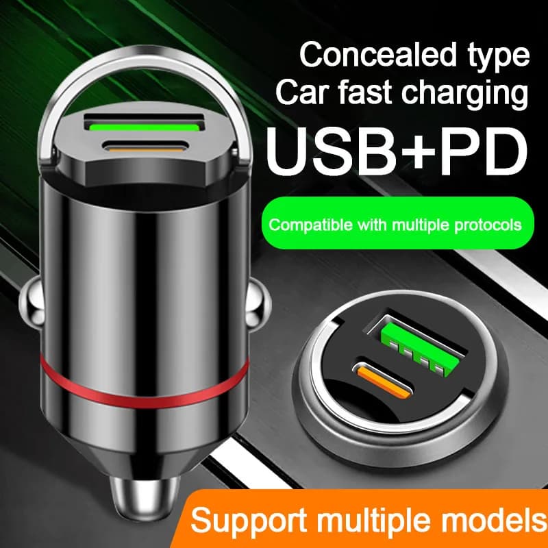 Hidden Car Charger PD30W Mini Pull Ring USB+PD Port Smart Car Charger
