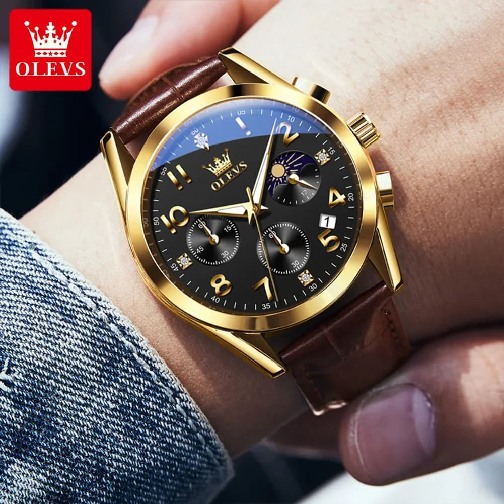 OLEVS 2890 Multi-function High Quality Quartz Watch For Men, Sport Waterproof PU Strap Men Wristwatches Luminous Chronograph