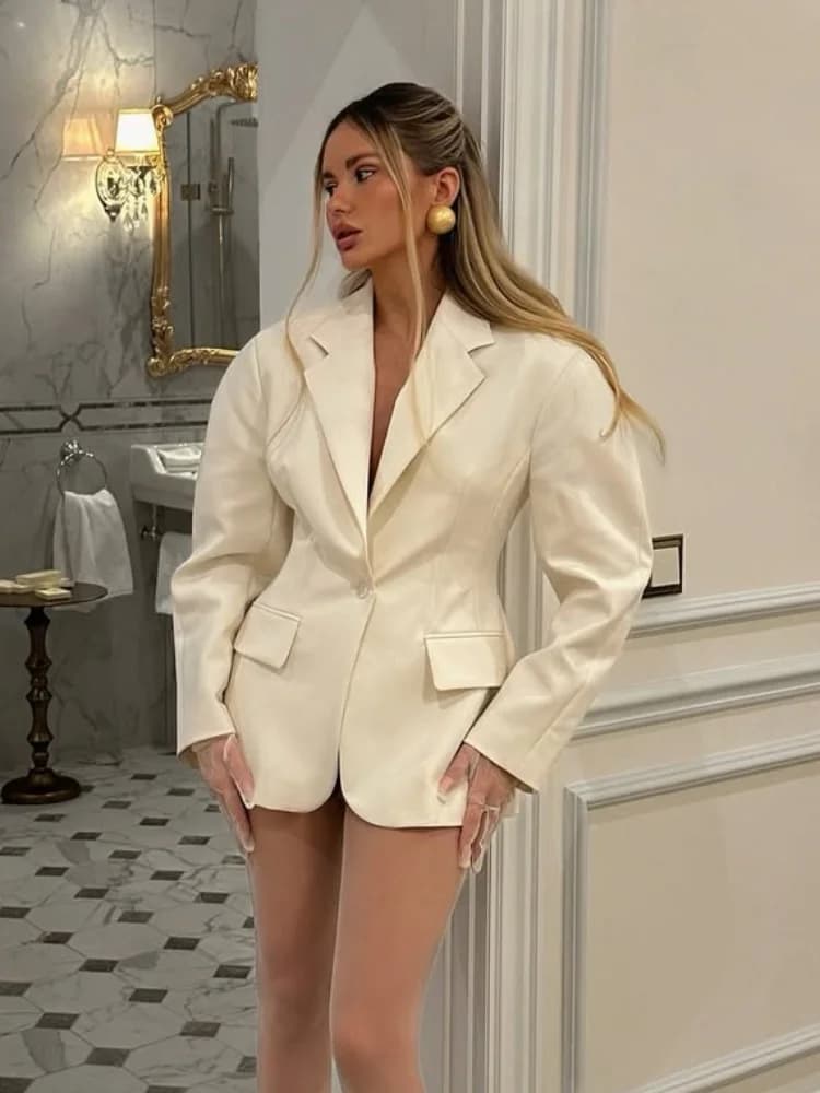 Chic Elegant White Waist Cinched Lapel Suit Jacket Fashion Casual Solid Color Single Breasted Coat New 2025 Ladies Street Coats