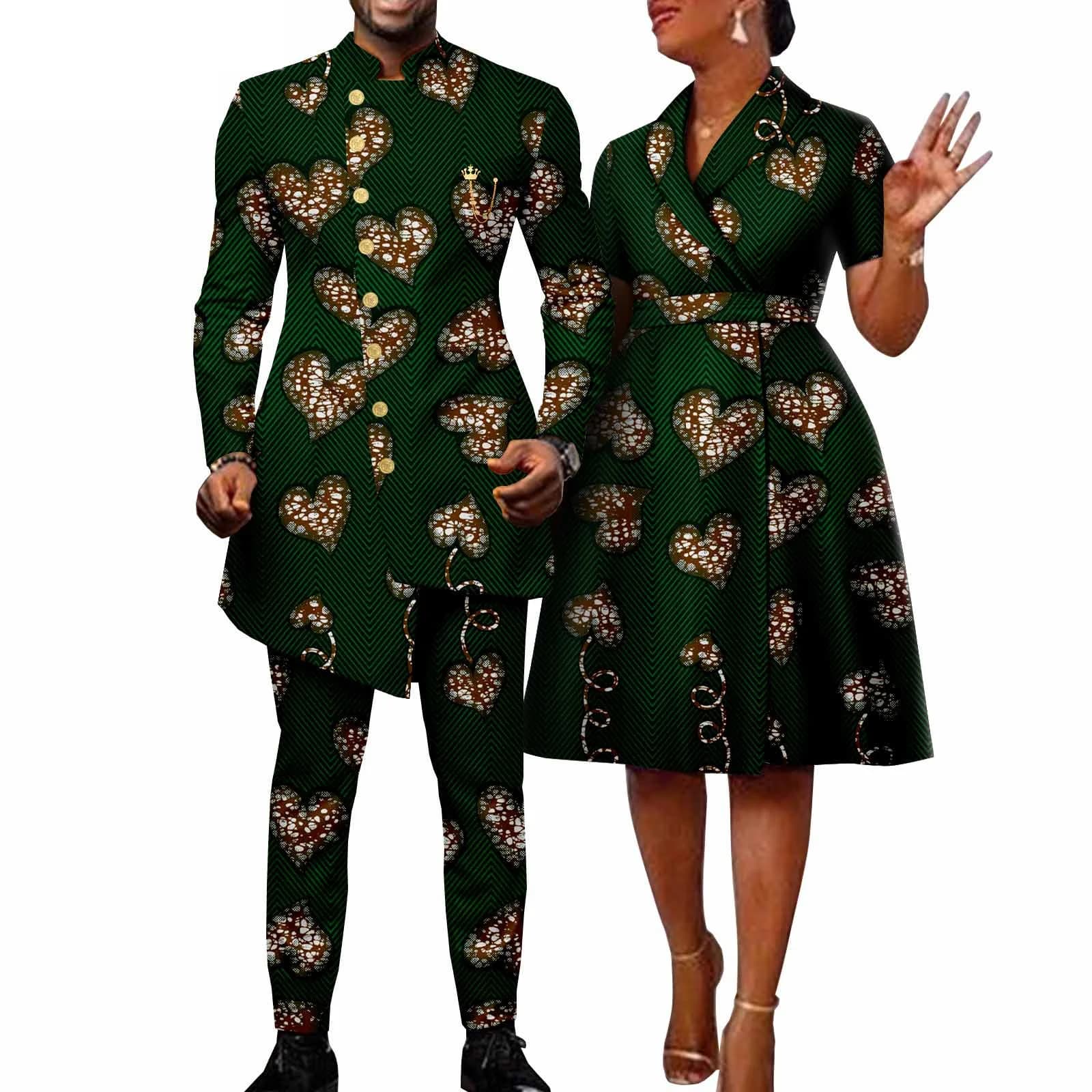 Dashiki African Couple Clothes Ankara Print Lace Long Mermaid Dresses for Women Matching Men Outfits Wedding Vestidos