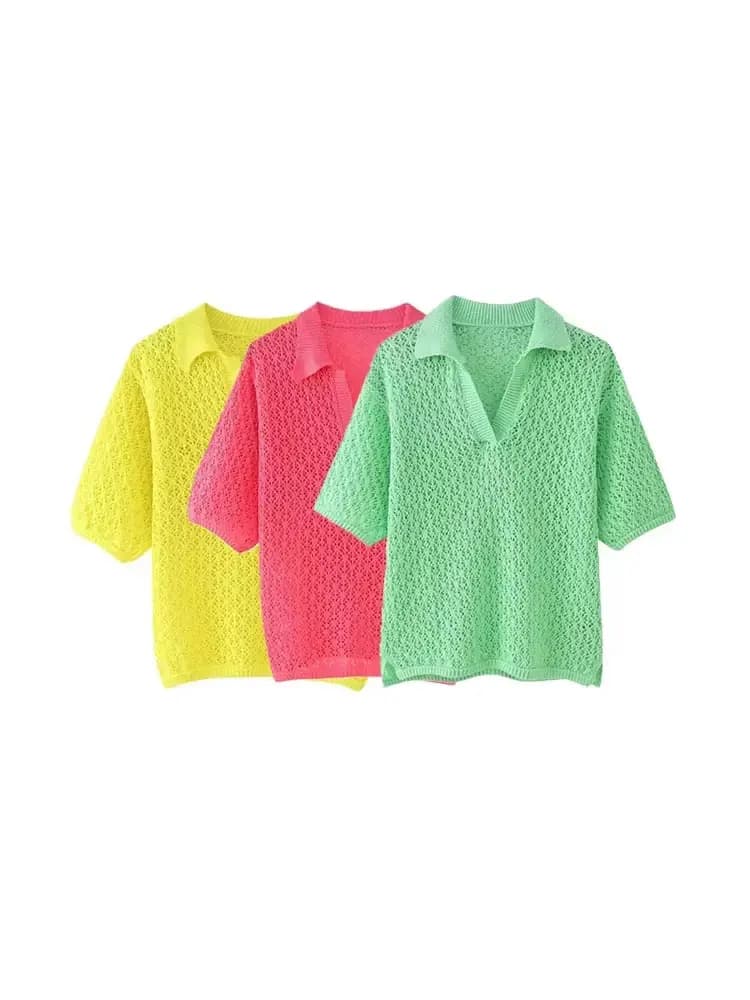 TRZA Women Fashion Pointelle Knit Loose Sweater Polo Collar Short Sleeve Female Pullovers Chic Tops