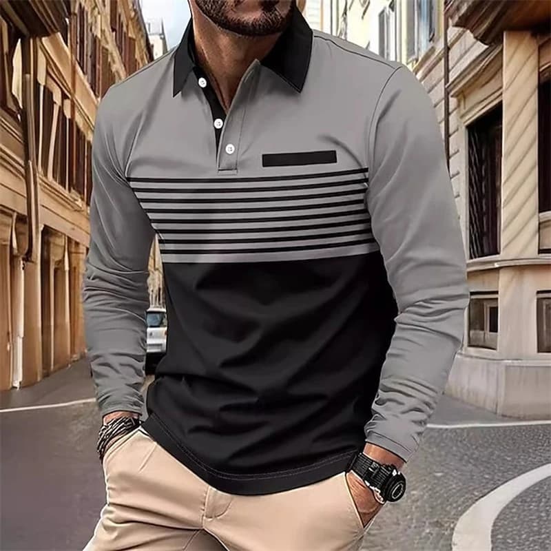 Men's Polo Shirt Golf Shirt Outdoor Work Standing Collar Long Sleeve Sports Fashion Patchwork All Seasons Slim Polo Shirt